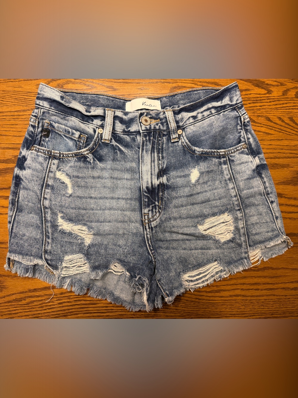 KanCan Medium Wash Denim Shorts with Distressed Trim